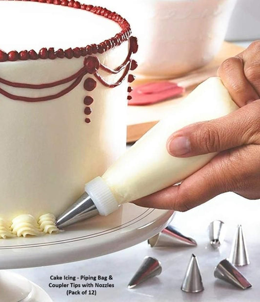 12 Piece Stainless Steel Cake Icing Frosting Piping Bag & Coupler Tips with Nozzles